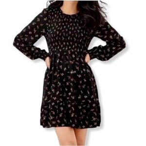 American Eagle Women’s Smocked Black Floral Long Sleeve Mini Dress, Size XS